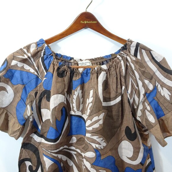 Terzo Millennio 100% Linen Graphic Print Top Size S Brown Blue Boxy Lagenlook - Picture 2 of 7